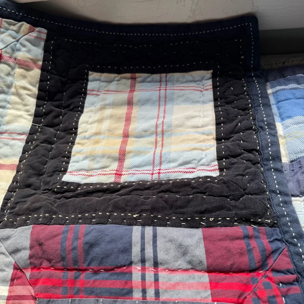 Pottery Barn Kids Quilted Pillowcase Shams Set Blue Red Plaid Patchwork Cotton